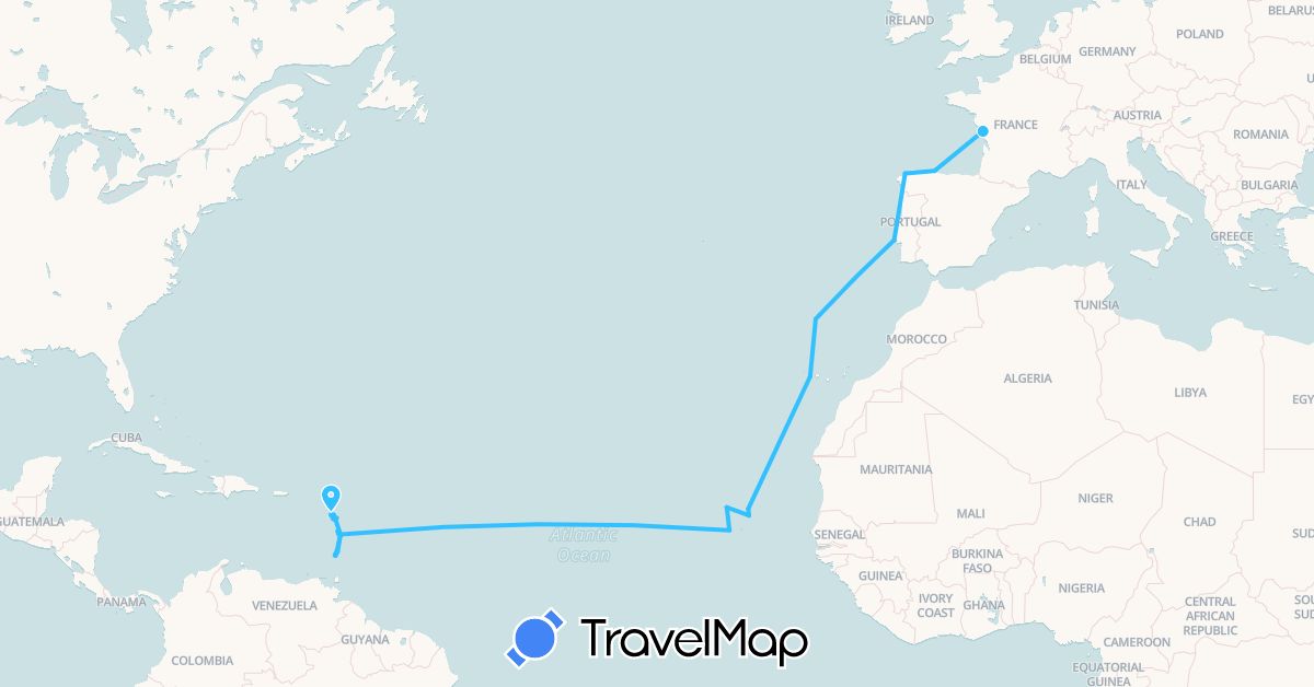 TravelMap itinerary: boat in Cape Verde, Spain, France, Portugal, Saint Vincent and the Grenadines (Africa, Europe, North America)